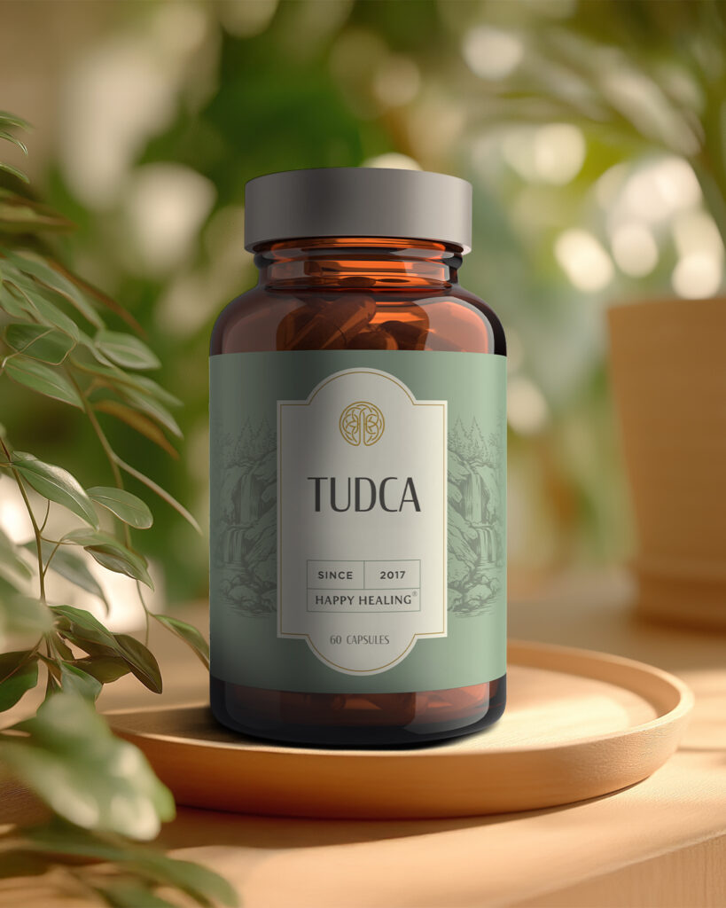 TUDCA supplement bottle with natural plant background